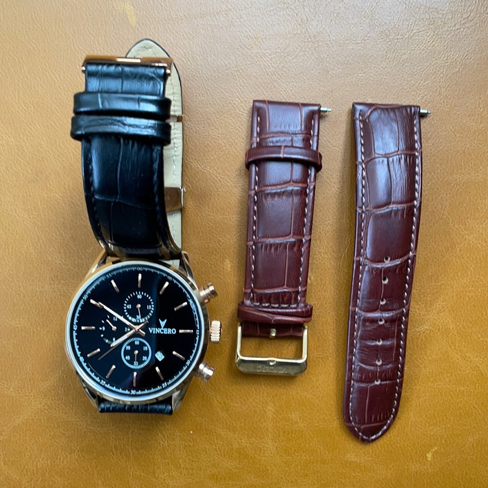 Vincero watch with black and brown leather straps